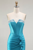 Load image into Gallery viewer, Sparkly Blue Mermaid Strapless Long Corset Prom Dress with Ruffles