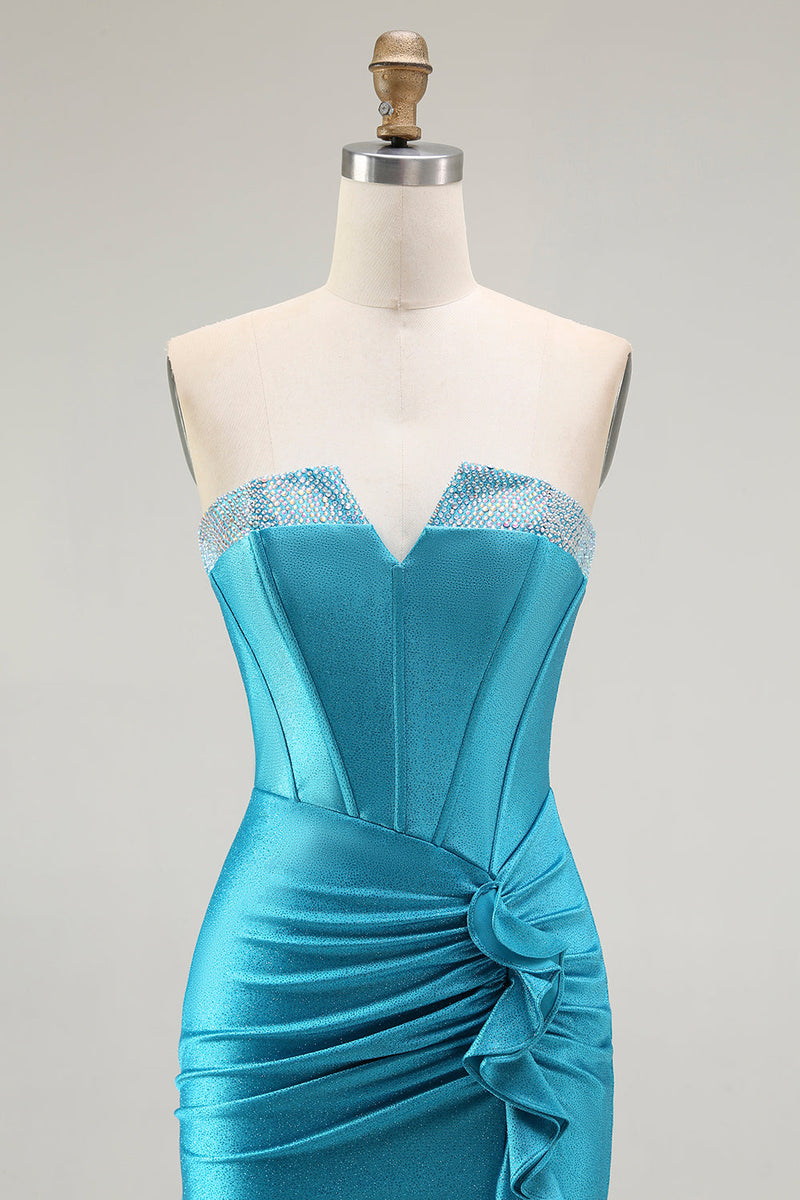 Load image into Gallery viewer, Sparkly Blue Mermaid Strapless Long Corset Prom Dress with Ruffles