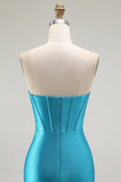 Load image into Gallery viewer, Sparkly Blue Mermaid Strapless Long Corset Prom Dress with Ruffles