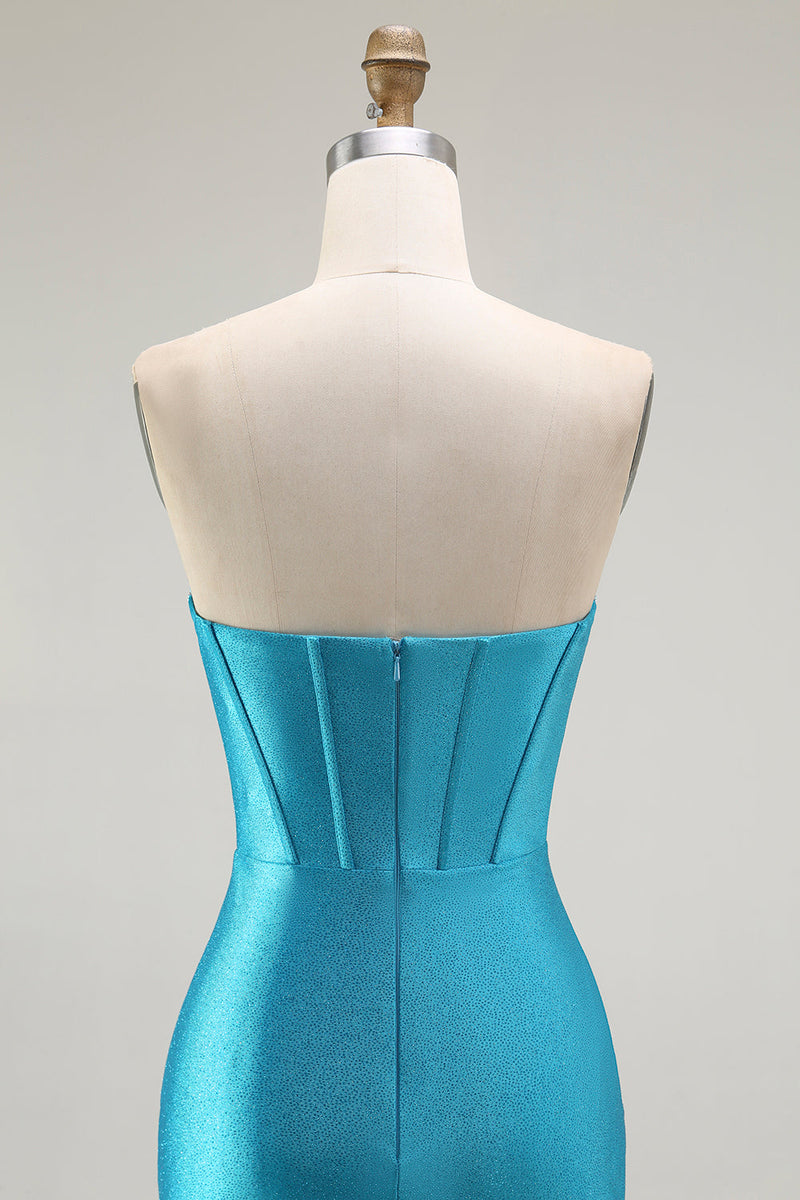 Load image into Gallery viewer, Sparkly Blue Mermaid Strapless Long Corset Prom Dress with Ruffles