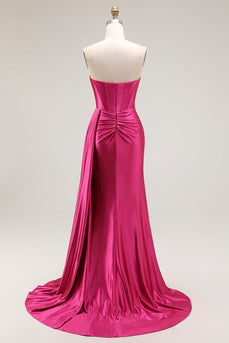 Sparkly Fuchsia Strapless Mermaid Ruched Corset Long Prom Dress