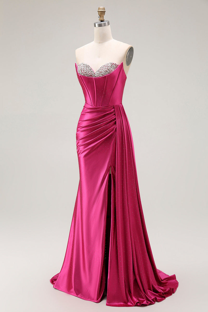 Load image into Gallery viewer, Sparkly Fuchsia Strapless Mermaid Ruched Corset Long Prom Dress