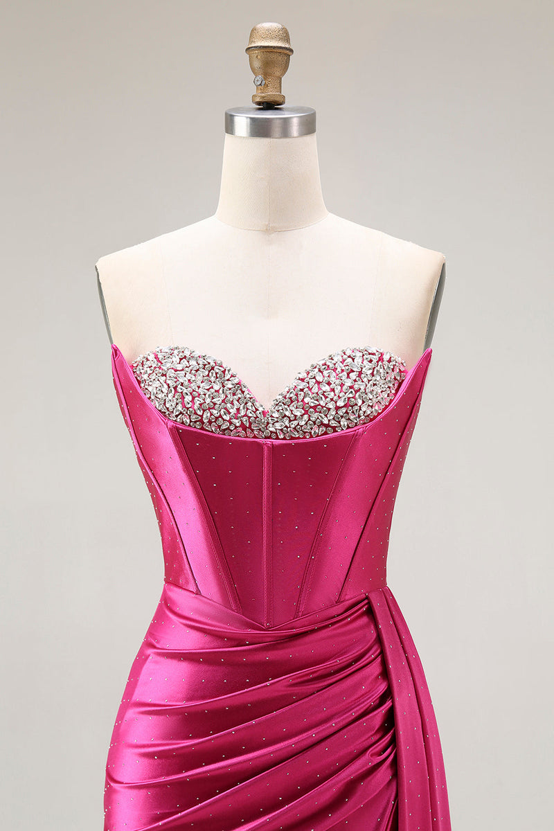 Load image into Gallery viewer, Sparkly Fuchsia Strapless Mermaid Ruched Corset Long Prom Dress