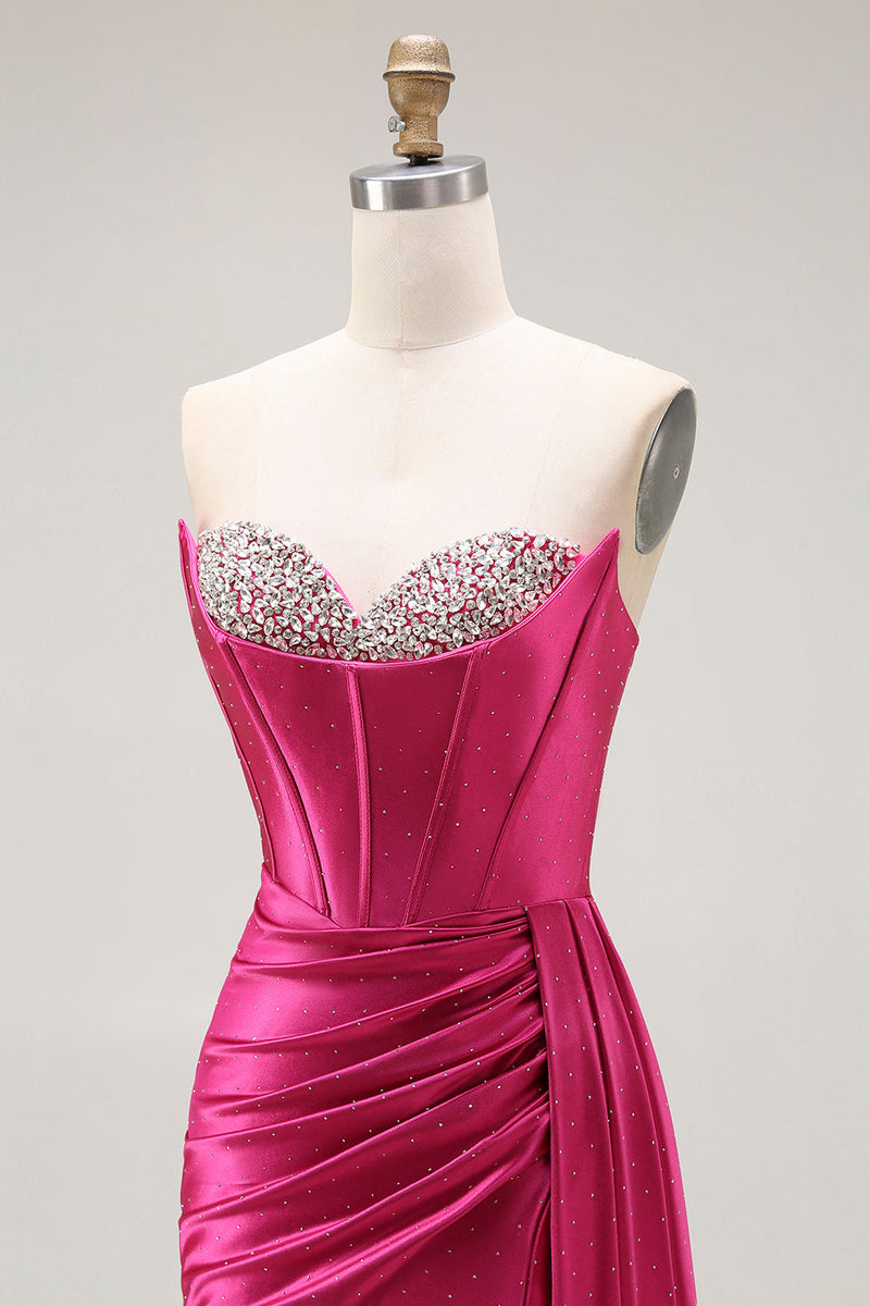 Load image into Gallery viewer, Sparkly Fuchsia Strapless Mermaid Ruched Corset Long Prom Dress