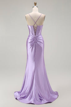 Sparkly Purple Spaghetti Straps Mermaid Long Corset Prom Dress with Slit