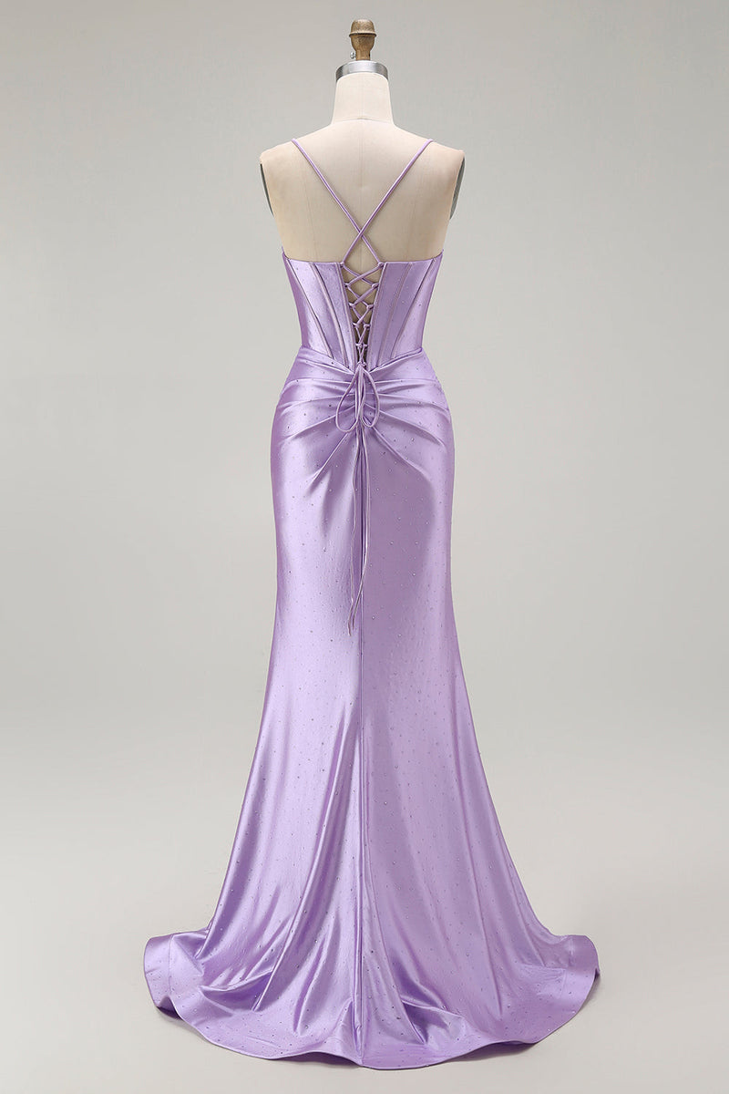 Load image into Gallery viewer, Sparkly Purple Spaghetti Straps Mermaid Long Corset Prom Dress with Slit