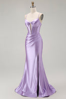 Load image into Gallery viewer, Sparkly Purple Spaghetti Straps Mermaid Long Corset Prom Dress with Slit