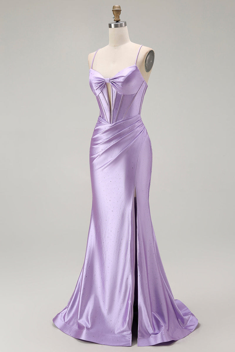 Load image into Gallery viewer, Sparkly Purple Spaghetti Straps Mermaid Long Corset Prom Dress with Slit