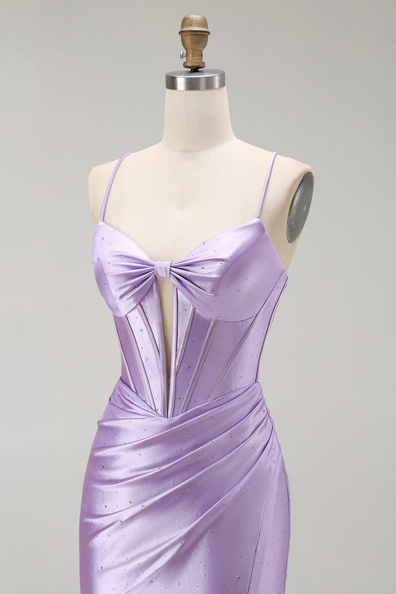 Load image into Gallery viewer, Sparkly Purple Spaghetti Straps Mermaid Long Corset Prom Dress with Slit
