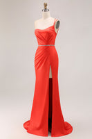 Load image into Gallery viewer, Orange Ruched One Shoulder Mermaid Long Prom Dress with Slit