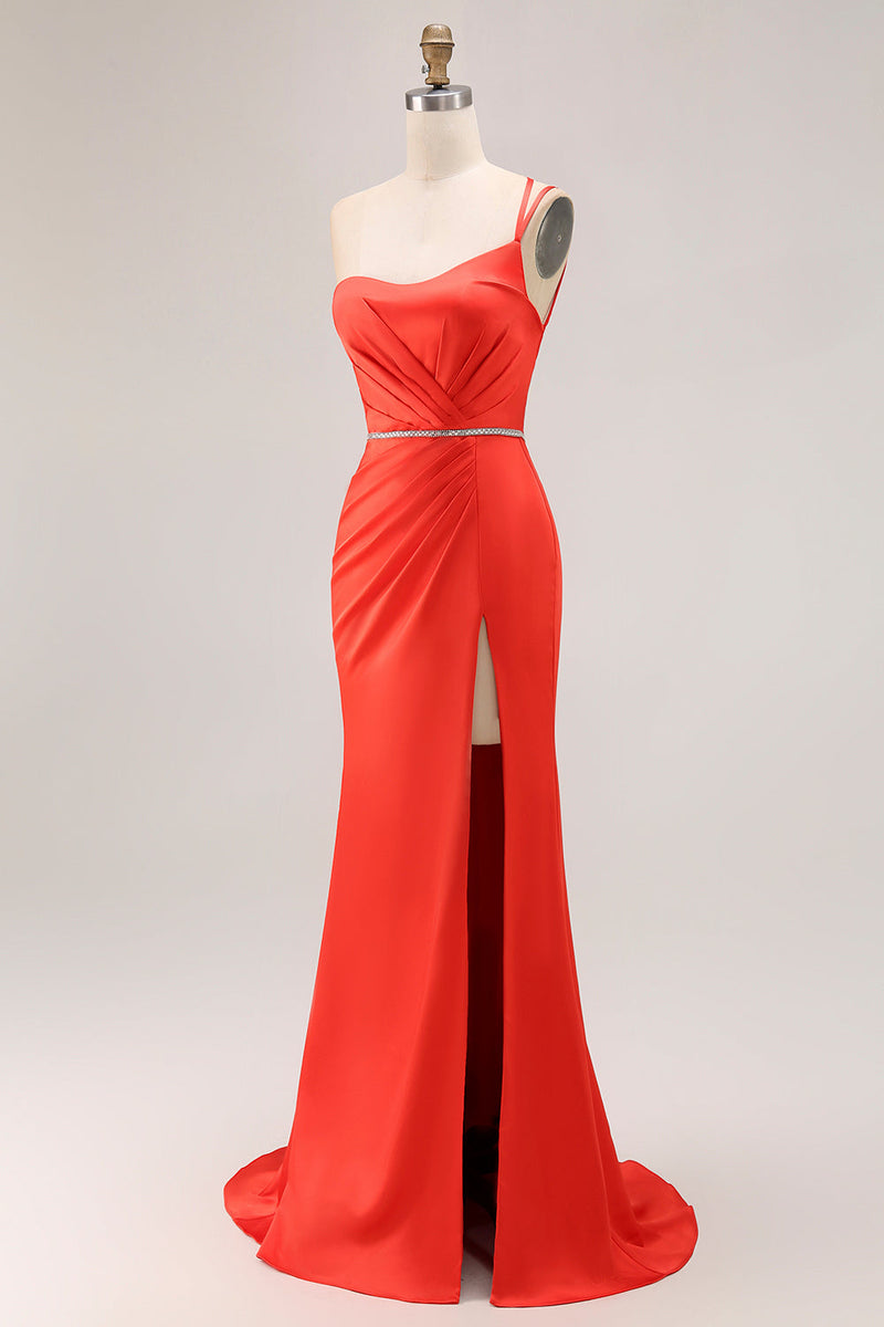 Load image into Gallery viewer, Orange Ruched One Shoulder Mermaid Long Prom Dress with Slit