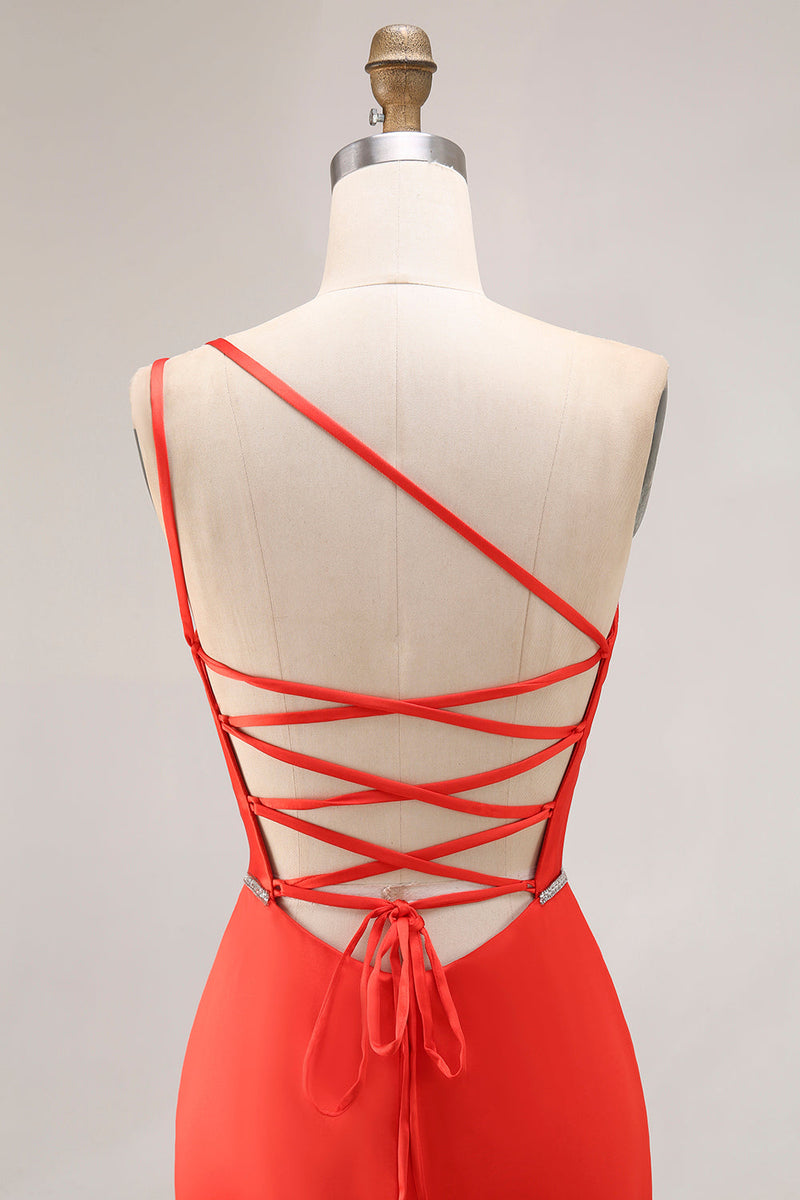 Load image into Gallery viewer, Orange Ruched One Shoulder Mermaid Long Prom Dress with Slit