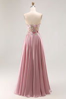 Load image into Gallery viewer, Sparkly Grey Pink Floral A Line Long Corset Prom Dress
