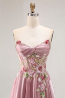 Load image into Gallery viewer, Sparkly Grey Pink Floral A Line Long Corset Prom Dress