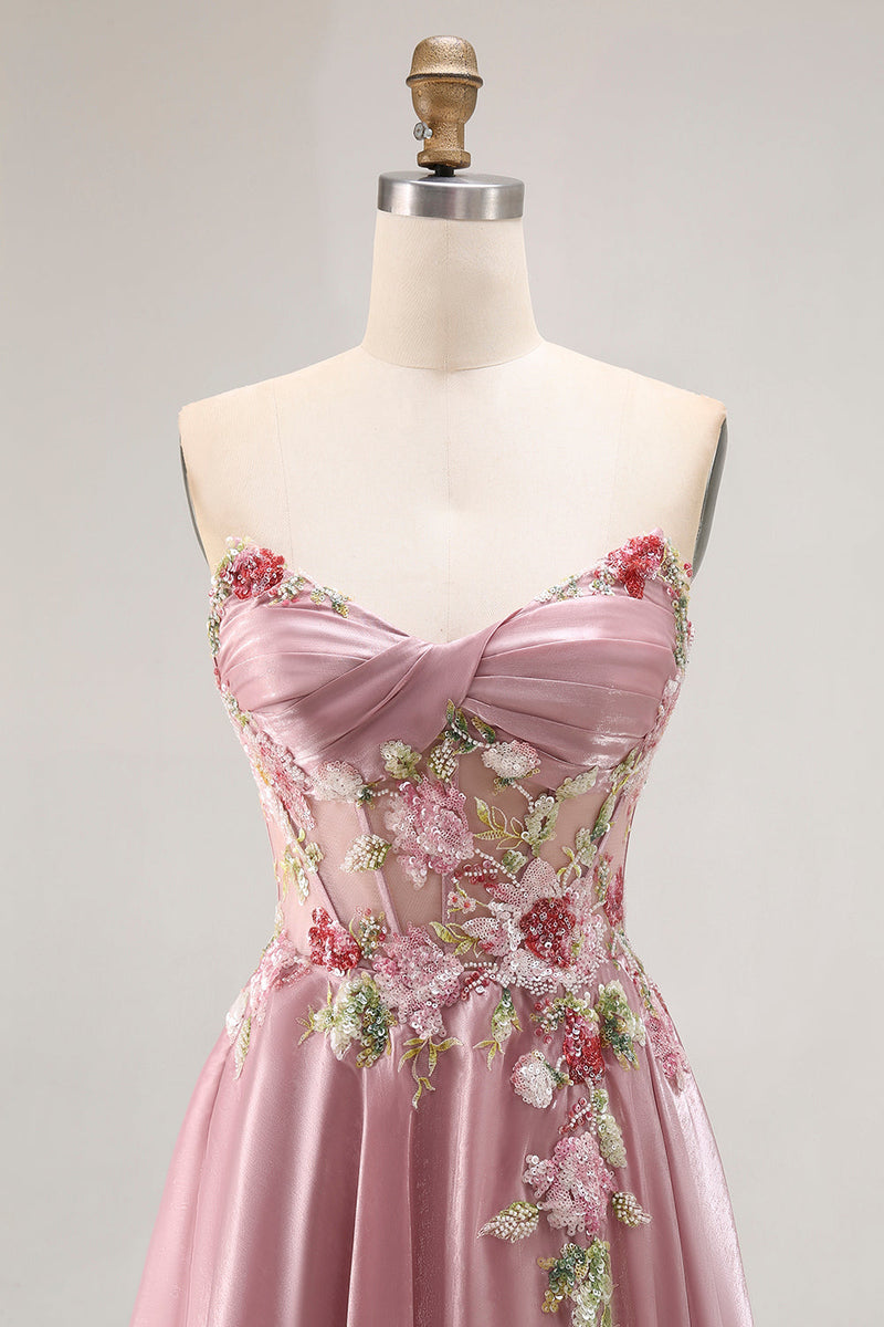 Load image into Gallery viewer, Sparkly Grey Pink Floral A Line Long Corset Prom Dress