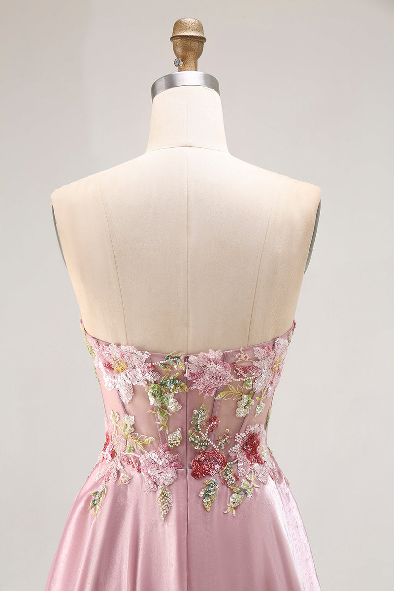 Load image into Gallery viewer, Sparkly Grey Pink Floral A Line Long Corset Prom Dress