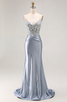 Load image into Gallery viewer, Sparkly Grey Blue Mermaid Beaded Long Corset Prom Dress with Appliques