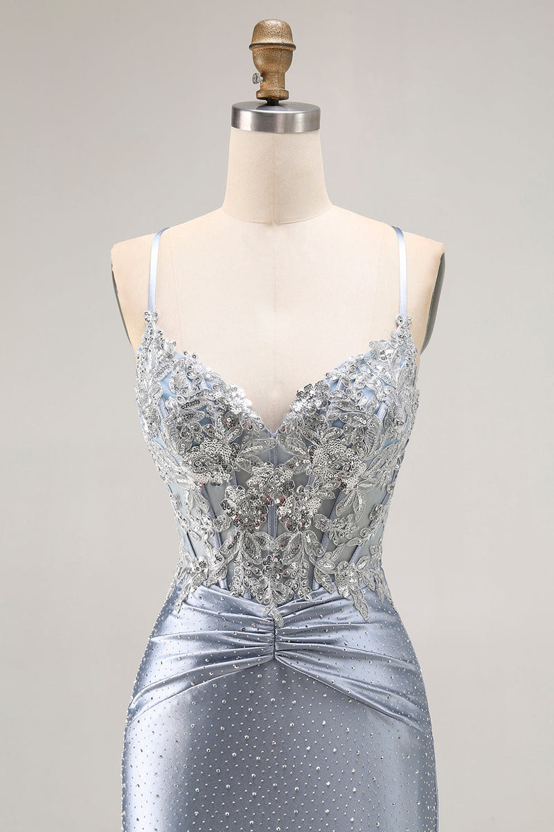 Load image into Gallery viewer, Sparkly Grey Blue Mermaid Beaded Long Corset Prom Dress with Appliques