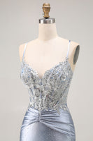Load image into Gallery viewer, Sparkly Grey Blue Mermaid Beaded Long Corset Prom Dress with Appliques