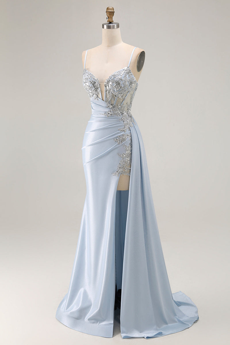 Load image into Gallery viewer, Sparkly Light Blue Corset Ruched Mermaid Long Prom Dress with Slit