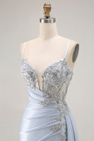 Load image into Gallery viewer, Sparkly Light Blue Corset Ruched Mermaid Long Prom Dress with Slit
