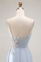 Load image into Gallery viewer, Sparkly Light Blue Corset Ruched Mermaid Long Prom Dress with Slit