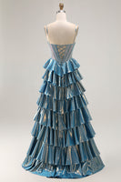 Load image into Gallery viewer, Sparkly Blue Metallic Beaded Ruffled Long Corset Prom Dress with Bow