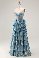 Load image into Gallery viewer, Sparkly Blue Metallic Beaded Ruffled Long Corset Prom Dress with Bow