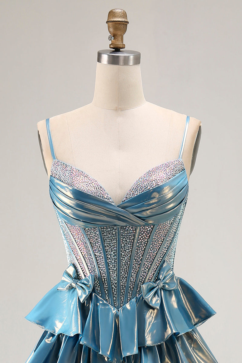 Load image into Gallery viewer, Sparkly Blue Metallic Beaded Ruffled Long Corset Prom Dress with Bow