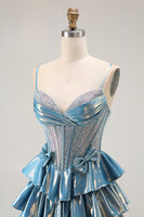 Load image into Gallery viewer, Sparkly Blue Metallic Beaded Ruffled Long Corset Prom Dress with Bow