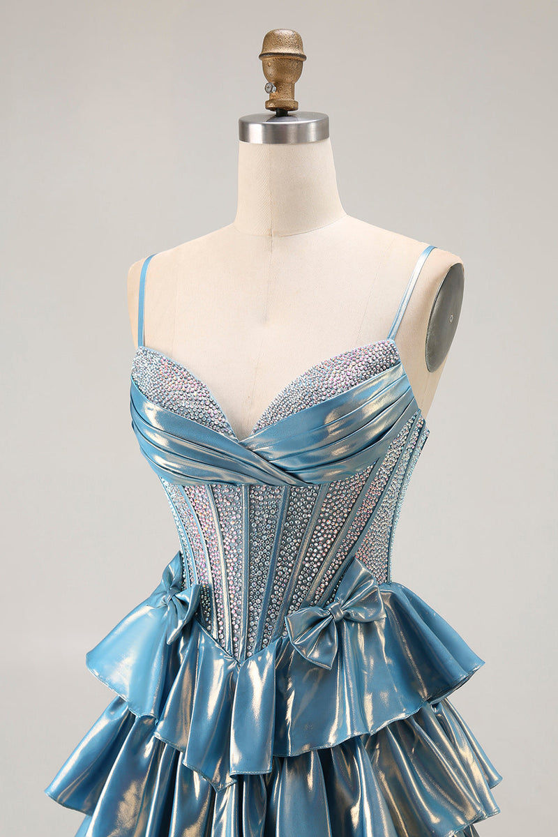 Load image into Gallery viewer, Sparkly Blue Metallic Beaded Ruffled Long Corset Prom Dress with Bow