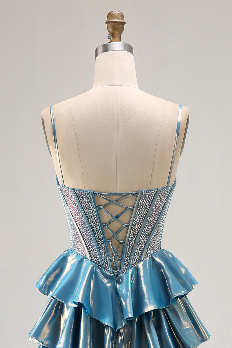 Load image into Gallery viewer, Sparkly Blue Metallic Beaded Ruffled Long Corset Prom Dress with Bow