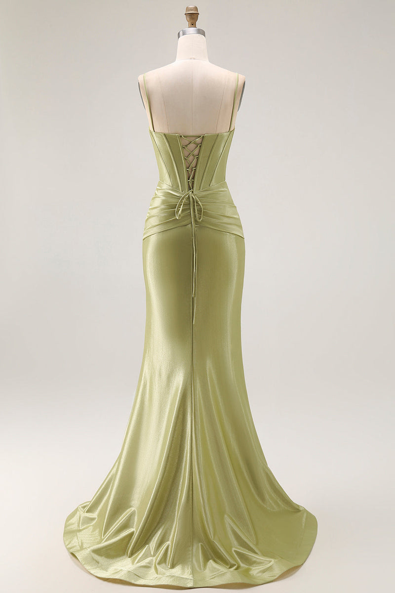 Load image into Gallery viewer, Sparkly Green Mermaid Spaghetti Straps Long Corset Prom Dress