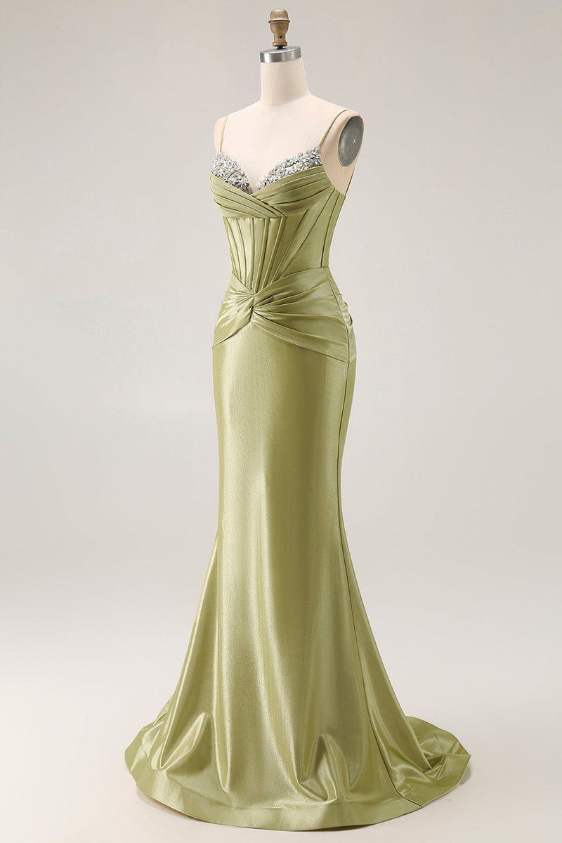Load image into Gallery viewer, Sparkly Green Mermaid Spaghetti Straps Long Corset Prom Dress