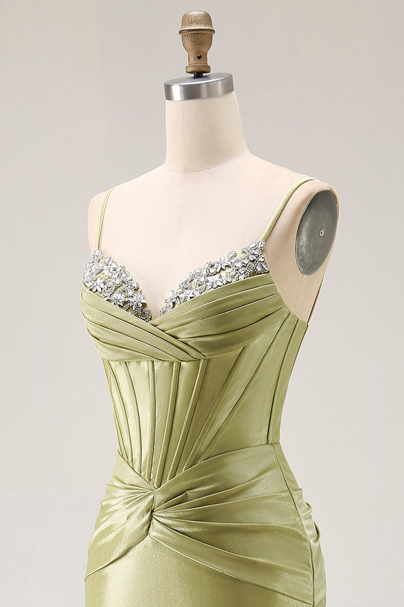 Load image into Gallery viewer, Sparkly Green Mermaid Spaghetti Straps Long Corset Prom Dress