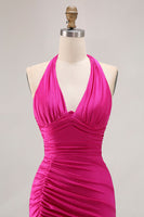 Load image into Gallery viewer, Fuchsia Glitter Mermaid Halter Ruched Long Prom Dress with Slit