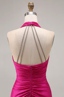 Load image into Gallery viewer, Fuchsia Glitter Mermaid Halter Ruched Long Prom Dress with Slit