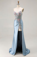 Load image into Gallery viewer, Floral Grey Blue Mermaid Ruched Satin Long Corset Prom Dress with Slit