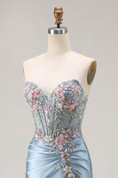 Load image into Gallery viewer, Floral Grey Blue Mermaid Ruched Satin Long Corset Prom Dress with Slit