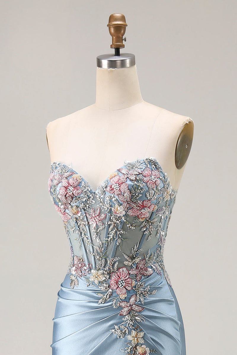 Load image into Gallery viewer, Floral Grey Blue Mermaid Ruched Satin Long Corset Prom Dress with Slit