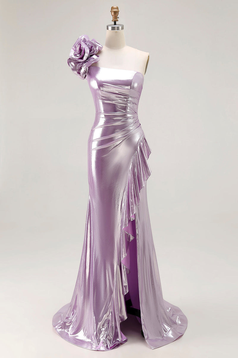 Load image into Gallery viewer, Sparkly Light Purple Mermaid Ruffled Metallic Long Prom Dress with 3D Flower
