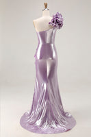 Load image into Gallery viewer, Sparkly Light Purple Mermaid Ruffled Metallic Long Prom Dress with 3D Flower