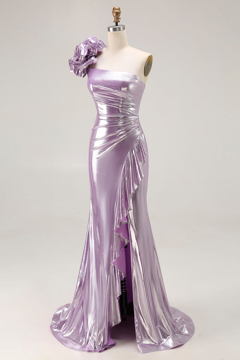Load image into Gallery viewer, Sparkly Light Purple Mermaid Ruffled Metallic Long Prom Dress with 3D Flower