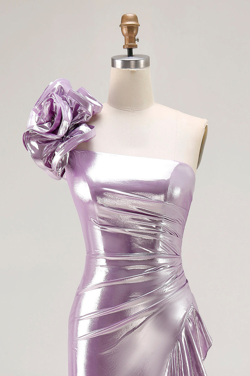 Load image into Gallery viewer, Sparkly Light Purple Mermaid Ruffled Metallic Long Prom Dress with 3D Flower