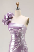 Load image into Gallery viewer, Sparkly Light Purple Mermaid Ruffled Metallic Long Prom Dress with 3D Flower