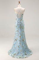 Load image into Gallery viewer, Sparkly Lake Blue Mermaid Sequins Long Corset Prom Dress with Slit