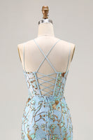 Load image into Gallery viewer, Sparkly Lake Blue Mermaid Sequins Long Corset Prom Dress with Slit