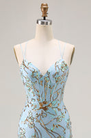 Load image into Gallery viewer, Sparkly Lake Blue Mermaid Sequins Long Corset Prom Dress with Slit