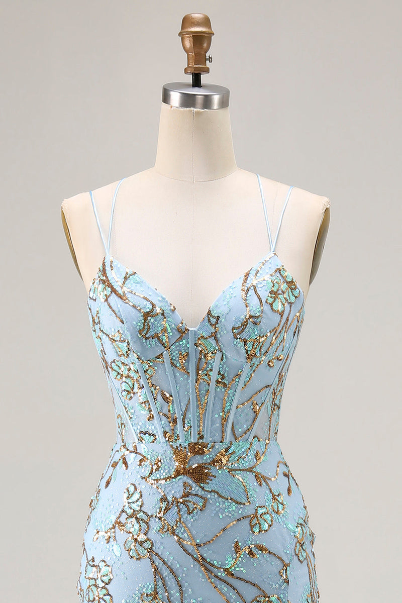 Load image into Gallery viewer, Sparkly Lake Blue Mermaid Sequins Long Corset Prom Dress with Slit