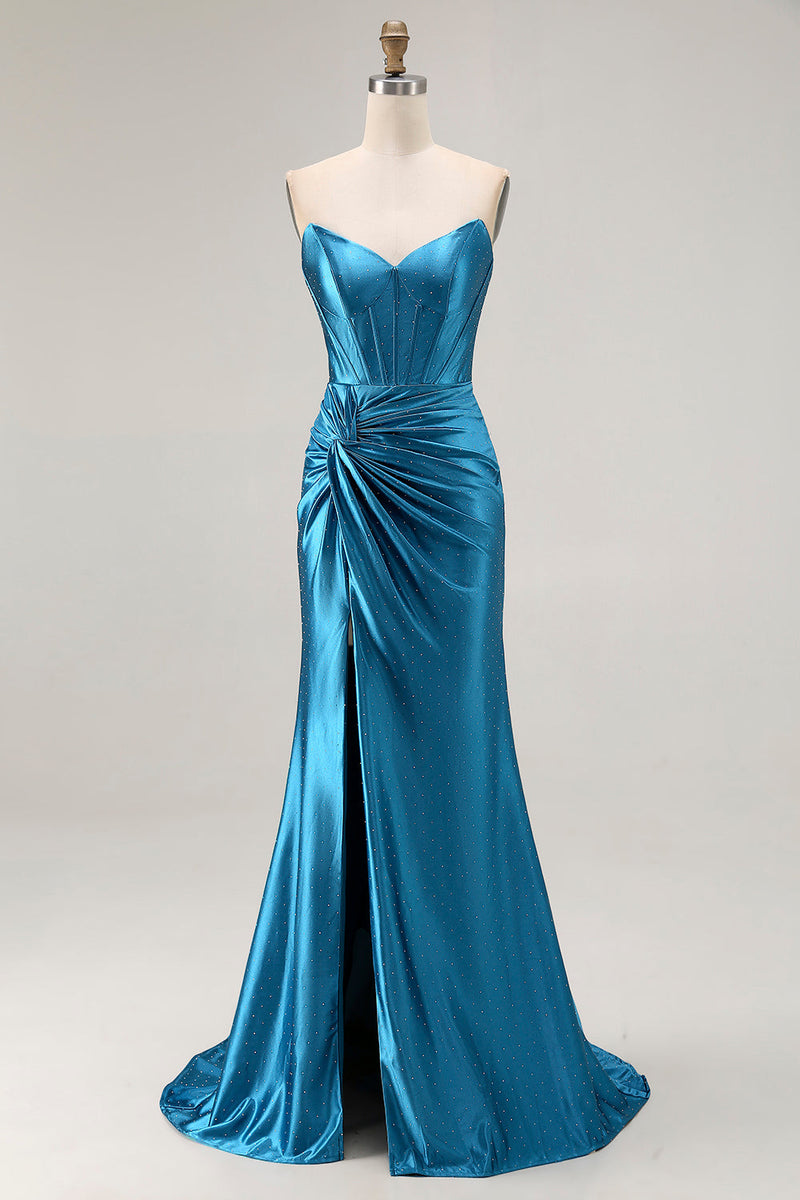 Load image into Gallery viewer, Royal Blue Mermaid Ruched Satin Long Corset Prom Dress with Slit